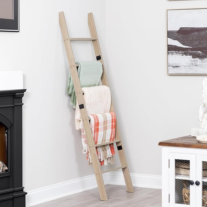 Blanket Ladder for Living Room and Bedroom, 5ft 8 inch, 6-Tier Wall Leaning Laminate No-Snag Construction (Smokey Oak) Rustic