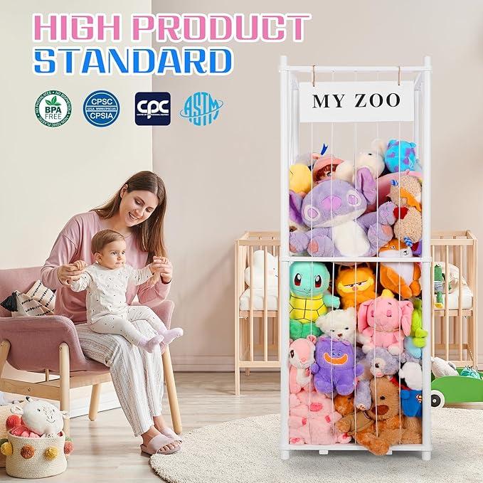 GLDZI Stuffed Animal Storage Zoo, Wooden Stuffed Animal Organizer with Elastic Cords for Boys Girls, Space Saving Toy Plushie