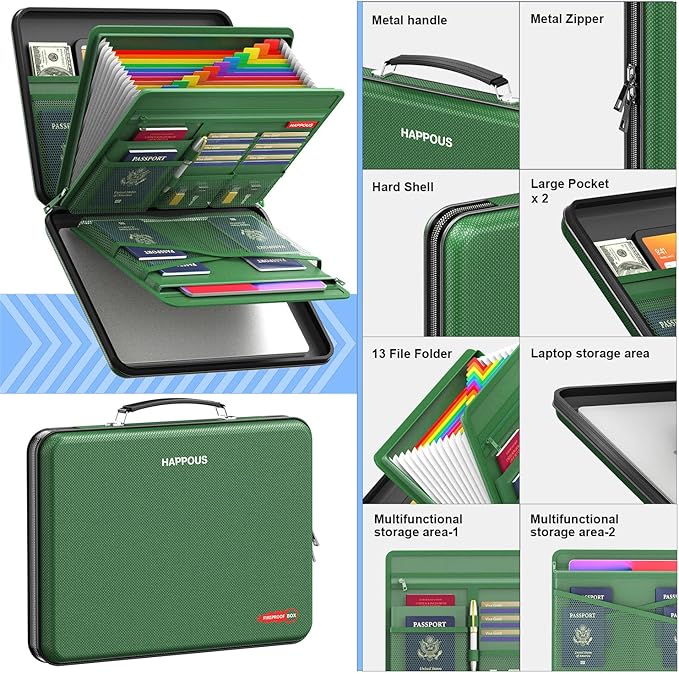 Fireproof Document Box, Expanding File Organizer with 13 Pockets, Portable Fireproof File Box Hard-Shell Document Organizer S