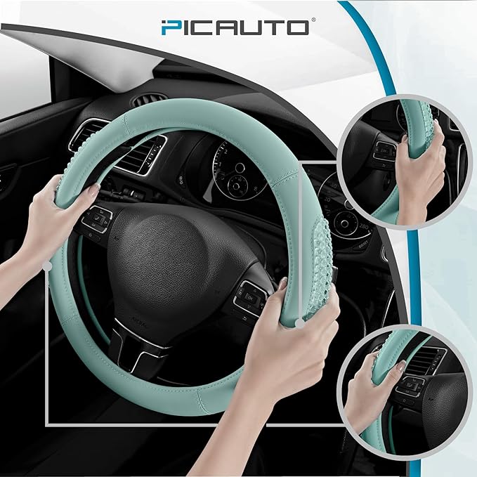 PIC AUTO Steering Wheel Cover, Glitter Gel Particles & Mint Luxury Leather Car Steering Cover, Universal Fit 14.5"-15.5" Anti