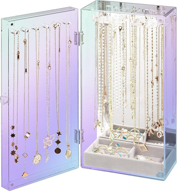 Lolalet Necklace Holder Organizer, Acrylic Jewelry Organizer with 24 Hooks, Rotating Clear Necklaces Display Box with Built-i