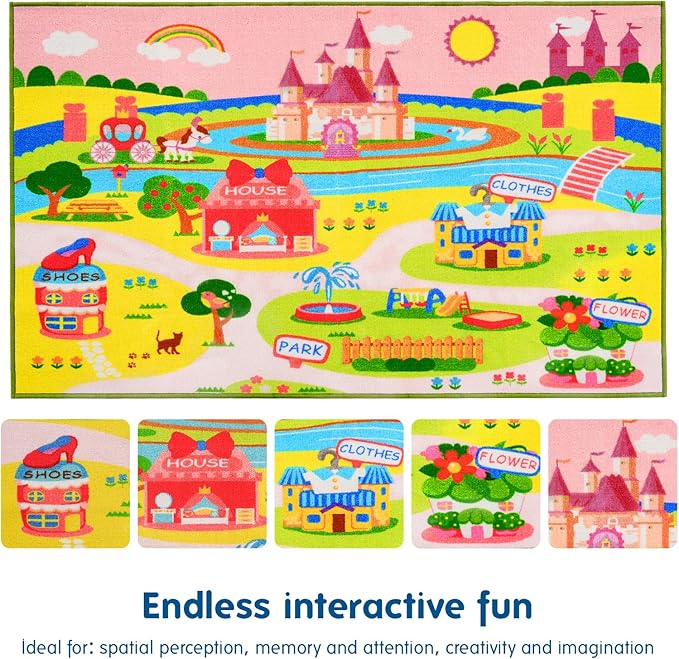 Booooom Jackson Enchanting Kids Pink Castle Rug with Cartoon Park-Flower,Shoes,Clothes,House Design-Perfect for Imaginative P