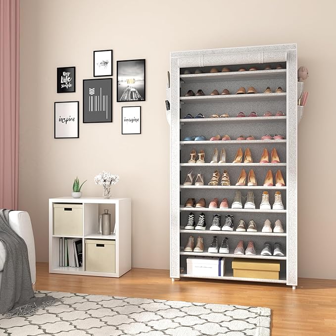 ROJASOP 10 Tier Shoe Rack with Covers Large Capacity Stackable Tall Shoe Shelf Storage for 50-55 Pairs Shoe and Boot, Sturdy 