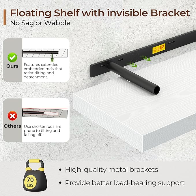 Fun Memories Floating Shelves for Wall 30 Inch Set of 3, Farmhouse Floating Shelves with Invisible Heavy Duty Bracket, 10 Inc