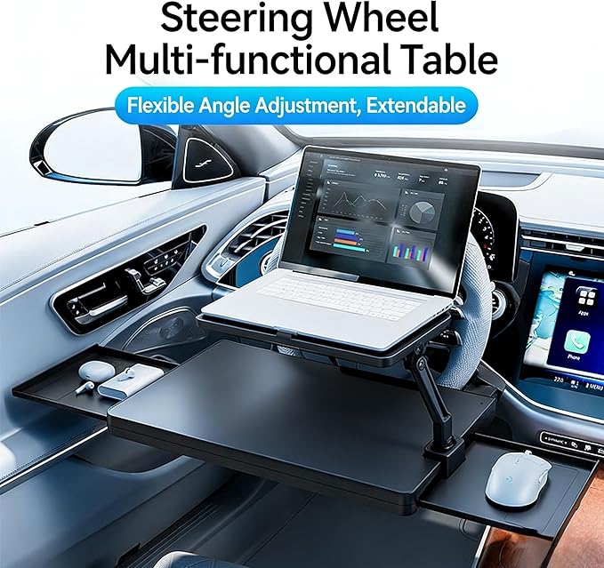 Car Steering Wheel Desk Table for Chevy Silverado 2500 HD 2025 2024 2023, Auto Desk for Work Hooks onto Most Vehicle Steering Wheels Multipurpose Travel Accessories