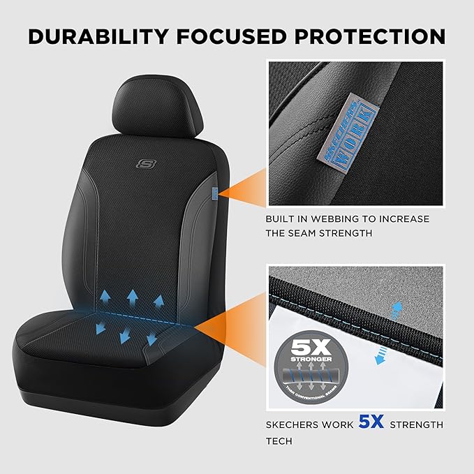 Skechers Car Seat Covers, Work Leather Seat Covers 5-Times Stronger Built-in Webbing, Oxford Fabric Front Seat Cover, Airbag 