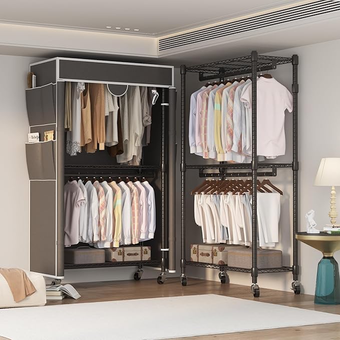 Homdox Garment Rack with Cover, Heavy Duty Clothing Rack for Hanging Clothes, Portable Closet Wardrobe, Double Rods Garment R