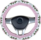 Handmade Crochet Pink and Green Cute Flower Steering Wheel Covers Universal 14-15 inch for Women and Men,New Car Gift,Handmade Gift,Gift for her