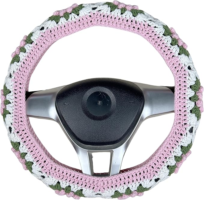 Handmade Crochet Pink and Green Cute Flower Steering Wheel Covers Universal 14-15 inch for Women and Men,New Car Gift,Handmade Gift,Gift for her (Steer Wheel Cover+2 Belt Cover+2 Coaster)