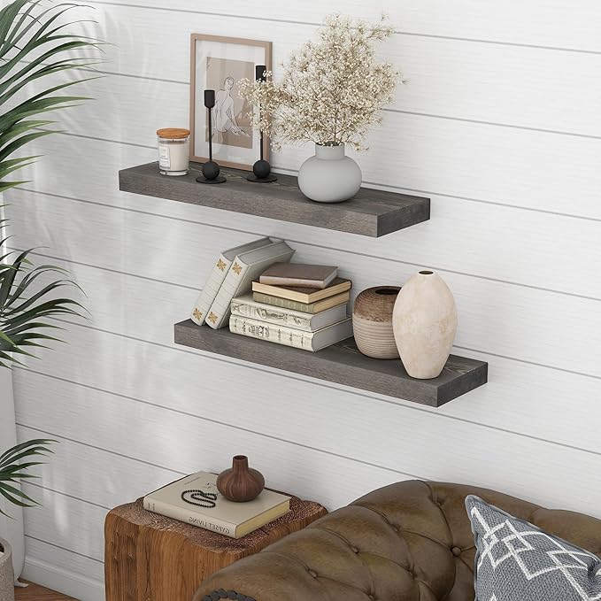 Marsmiles 30 Inch Floating Shelves for Wall - Rustic Grey Wood Floating Shelves Set of 2-30 Inch Wide x 7.7 Inch Deep x 1.6 I