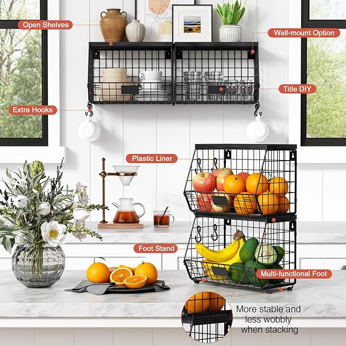 Goozii Black Kitchen Wall Hanging Storage Basket Set of 2, Rustic Stackable Kitchen Counter Fruit Organizer, Wire Baskets Con