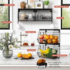 Goozii Black Kitchen Wall Hanging Storage Basket Set of 2, Rustic Stackable Kitchen Counter Fruit Organizer, Wire Baskets Con