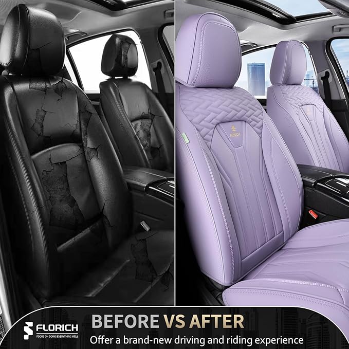 FLORICH Car Seat Covers, Leather Front Seat Cover, Purple Waterproof Seat Covers, Automotive Seat Cover 2 Pack, Luxury Univer