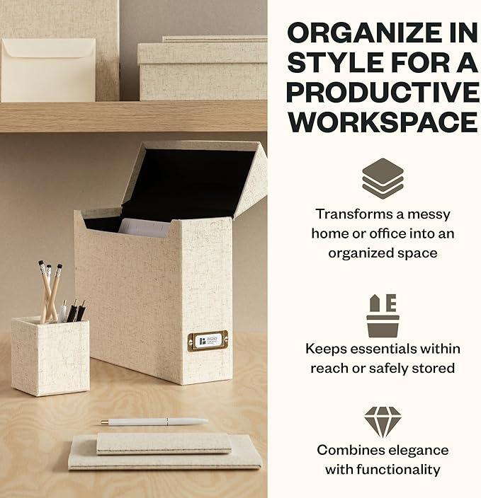 Bigso Lovisa Fiberboard Document Storage Box with 12 Folded Files for A4 and Letter Size Papers - Durable File Organizer Box 