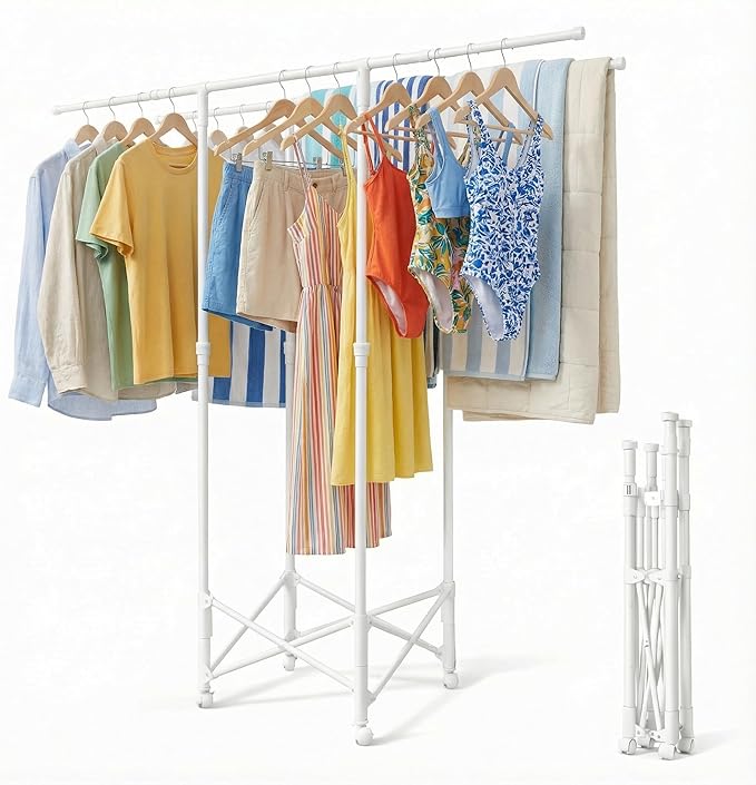 Clothes Drying Rack, Double Rod Extendable 33.1–56.7 Inches, No Assembly & Foldable Clothing Rack for Hanging Clothes with Wh