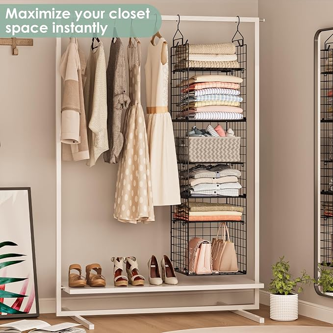 6-Tier Closet Hanging Organizer Shelves, Hanging Closet Organizer and Storage Bin with Adjustable Dividers, Metal & Foldable 