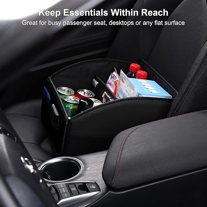 Car Storage Organizer [2025 UPDATED] Leather Car Caddy Basket for Front Seat Floor Back Seats Metal Handle 6 Compartments Adj