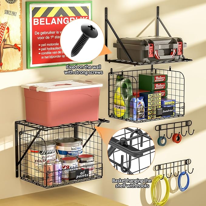 ThreeHio 2 Pack Garage Shelves Wall Mounted with Wire baskets, Heavy Duty Garage Wall Shelving with Hooks, Wire Shelf Baskets