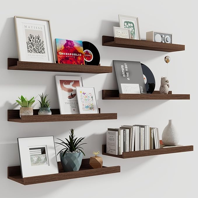 Fun Memories Picture Ledge Shelf, 16 Inch Long Floating Shelves Set of 6, Picture Shelf for Wall with Lip, Large Nursery Book