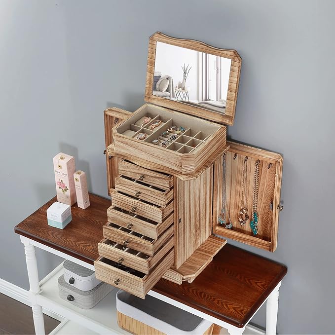 Emfogo Standing Jewelry Armoire, 7 Drawers & 2 Side Doors Jewelry Amoire Cabinet Standing with Top Flip Makeup Mirror, Jewelr