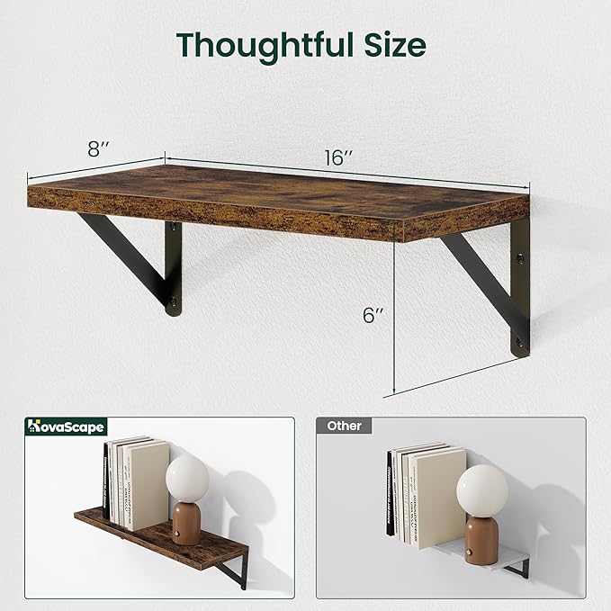Floating Shelves, 8 Inch Deep Rustic Wood Wall Storage, 16W x 8D Wall Shelves Set of 2, Heavy Duty Metal Brackets, Industrial