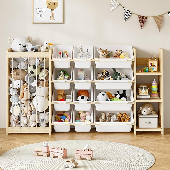EXPERLAM 3-in-1 Toy Storage Organizer, Stuffed Animal Holder & 3-Tier Bookcase, Solid Wood Toy Organizer with 12 Storage Bins