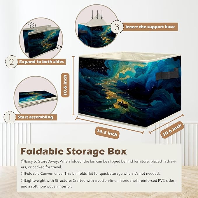 Dreamy Starry Sky Night Storage Box Bins, Blue Fantasy Galaxy River Boating Collapsible Storage Basket Organizer for Bedroom 