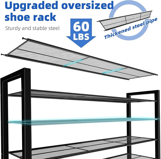 Simple Trending Shoe Rack Holds 60 Pairs, 12 Tier Shoe Organizer, Heavy Duty Large Metal Stackable Shoe Storage for Closet, B