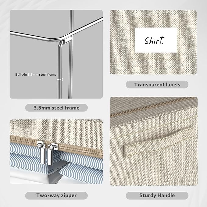 CYhom Clothes Storage Bins Box - Linen Fabric Foldable Stackable Container Organizer Set with Clear Window & Carry Handles & 