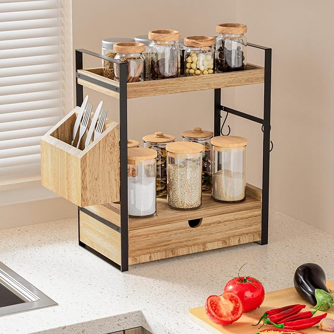 2-Tier Bathroom Counter Organizer with Drawer and Basket, Wood Countertop Organizer for Storage, Skincare Organizers for Vani