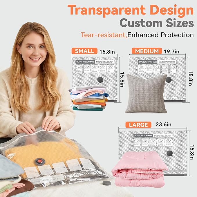 12 Pack Vacuum Bags for Travel with USB & TYPE C Pump,Compression Packing Cubes for Luggage,Carry-on Space Saver Vacuum Seal 