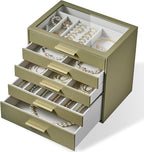 Jewelry Box Organizer Case for Women: 5-Layer Jewelry Storage Case with Glass Window, Olive Green Leather with Cream Velvet, 