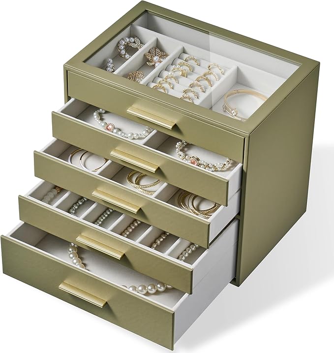 Jewelry Box Organizer Case for Women: 5-Layer Jewelry Storage Case with Glass Window, Olive Green Leather with Cream Velvet, 