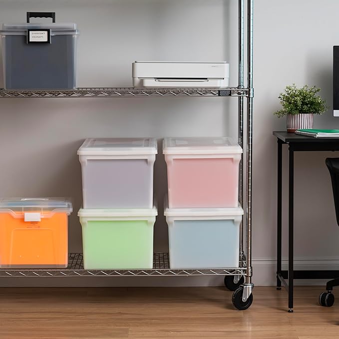 IRIS USA File Box, File Organizer w/Hinged Split Lid for Letter File, Important Document Box, Plastic Storage Filing Bin for 