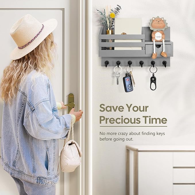 FifthQuarter Key and Mail Holder for Wall, Mail Organizer Wall Mount with 6 Hooks and Storage Drawer, Easy Installation Key R