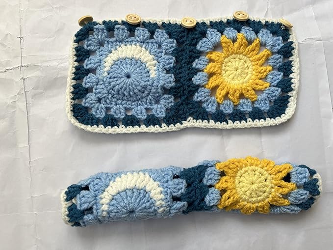 Handmade Crochet Sun and Moon Car Steering Wheel Covers Universal 14-15 inch for Women and Men (Steering Wheel Cover+2 Belt Cover)