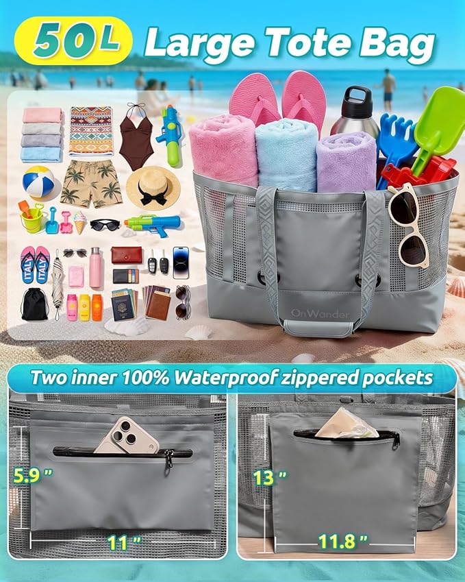 Large Mesh Beach Tote Bag - 50L Pool Bags with 2 Inner Zipper Waterproof Pockets for Swim Toys Towels Travel