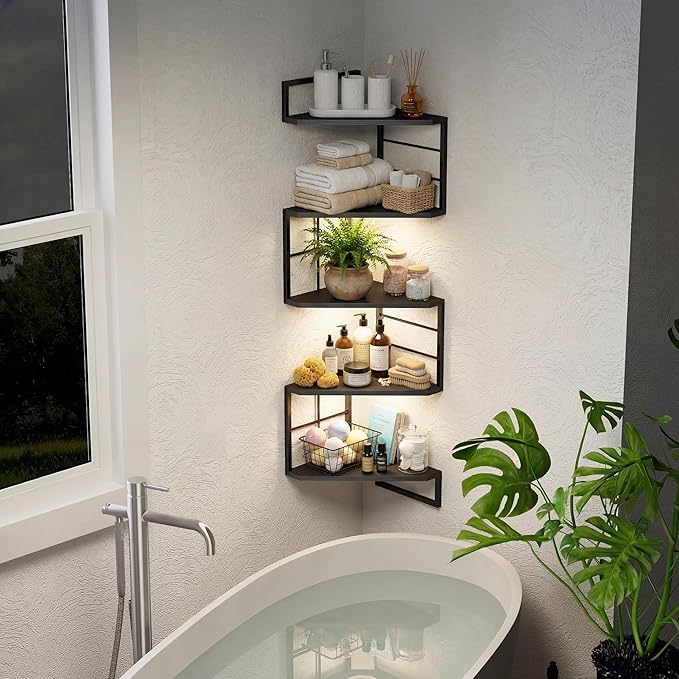 Corner Floating Shelves with Lights - 5 Tiers Corner Shelf Wall Mounted, Bookshelf with LED Light, Floating Shelves for Wall,
