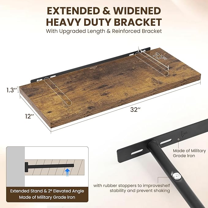 Dreamland 32" Floating Shelves for Wall, 12" Deep Slim Rustic Brown Floating Shelves, Wall-Mounted Shelves for Bedroom, Livin