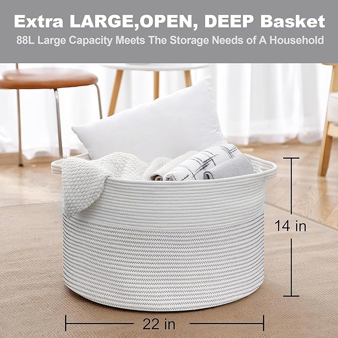 MEGASKET XXXL Large Cotton Rope Blanket Basket for Living Room, Woven Rope Storage Baskets for Organizing, Nursery Kids Toy B