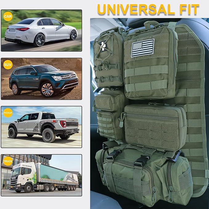 Universal Tactical Car Seat Back Organizer Bag Tactical Molle Vehicle Organizers Panel Vehicle Protector Organizers with 5 Detachable Pouches for Car Truck Ford Jeep (Model B-Army green)