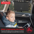 Firestone 2 Pack Retractable Automotive Sunshade Car Window Sunshades - Blocks 99% UV Rays, Lightweight & Compact Car Side Window Shade with Automatic Retract Button, Blocks Glare & Heat, Black