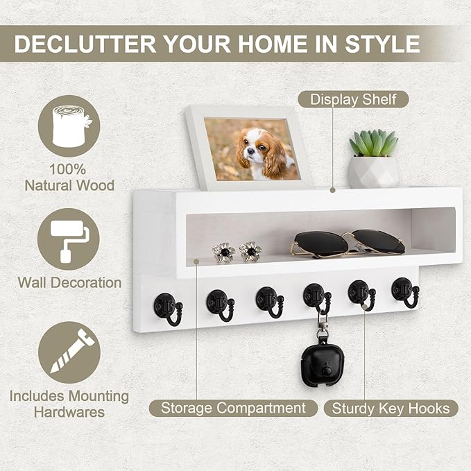 Key and Mail Holder Wall Mount, Key Hanger with Long Storage Box and 6 Hooks for Coat, Dog Leash, Home Decor Rack, House Acce