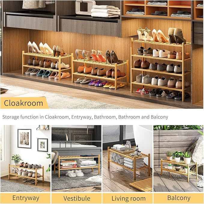2-Tier Bamboo Shoe Rack for Entryway, Stackable | Heavy Duty | Multi-Function, Free Standing Shoe Racks for Bedroom Hallway C