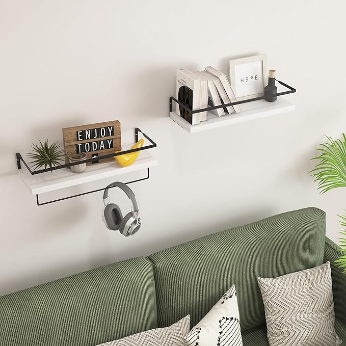 White Wood Floating Shelves Wall Mounted - 2+1 Tier Rustic Bathroom Wall Shelves Over Toilet with Towel Bar, Natural Wood Set