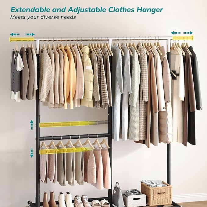 Raybee Clothes Rack Heavy Duty 450LBS, Clothing Racks for Hanging Clothes 200+, Metal Clothing Rack with Wheels, Rolling Comm