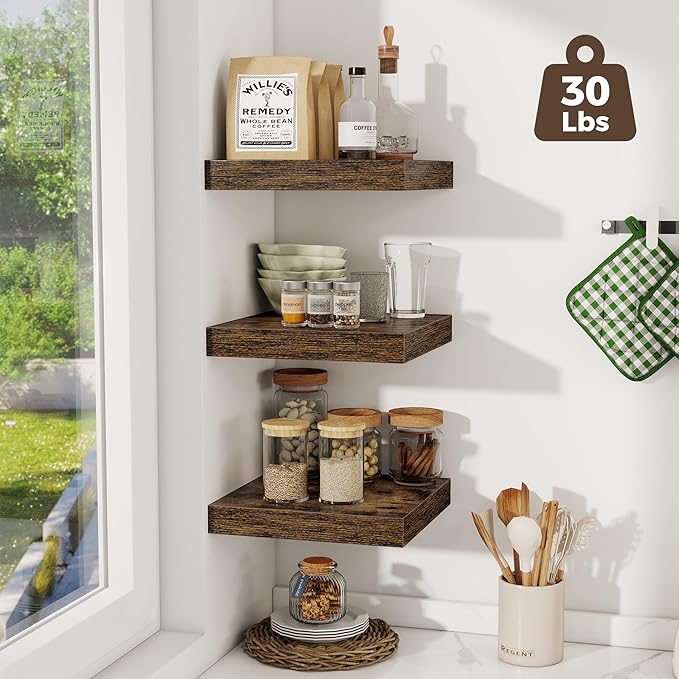 Fun Memories 12 Inch Square Floating Shelves 3 Pack - Wall Shelves with Invisible Brackets, Small Floating Shelves for Wall, 