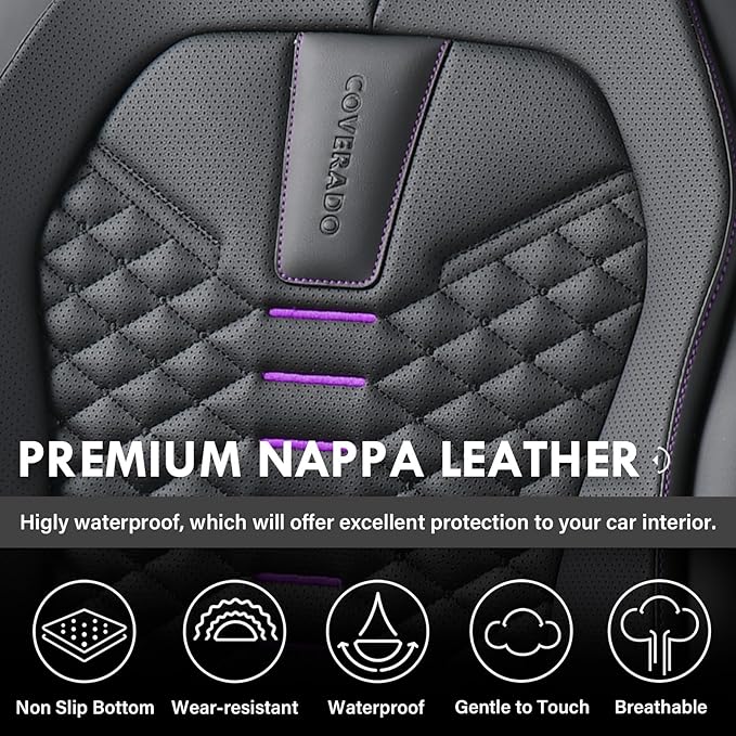 Coverado Car Seat Covers Front Seats, Nappa Leather Black&Purple Car Seat Cover, Automotive Seat Covers, Waterproof Driver Se