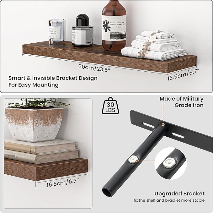 Heimlove 24 Inch Floating Shelves for Wall,Mounted Storage Wood Shelves with Invisible Brackets Hanging Shelf for Bedroom,Liv