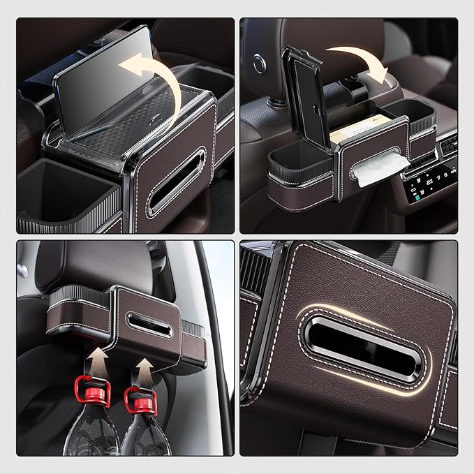 Multifunctional Car Headrest Backseat Organizer Box with Drink Cup Holder, Makeup Mirror, Tissue Box & Hooks for Car Seat Back, Upgrade Car Headrest Backseat Organizer Great for Kids and Travel(Brown)